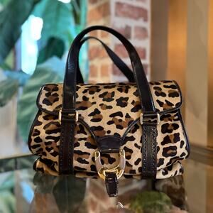 CELINE Brown Leopard Pony Hair Vintage Top Handle Bag